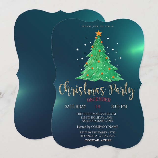 Watercolor Christmas Pine Tree,Green Company Party Invitation (Front/Back)