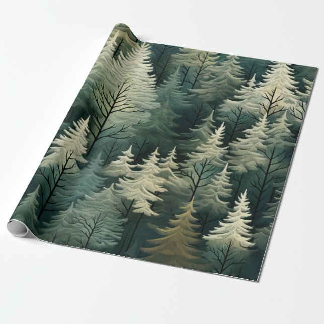 Watercolor Christmas Pine Trees Winter Forest Wrapping Paper (Unrolled)