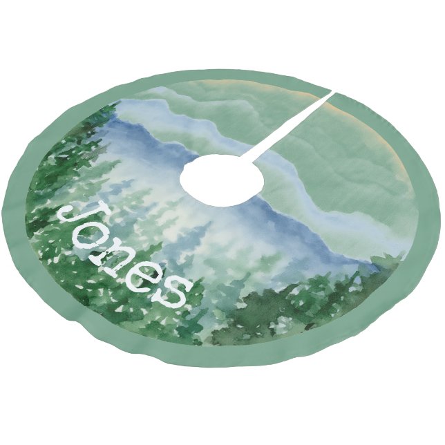 Watercolor Christmas Pines Monogram Name  Brushed Polyester Tree Skirt (Angled)