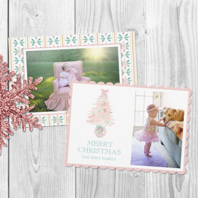 Watercolor Christmas Pink Grandmillennial Photo Holiday Card (Creator Uploaded)