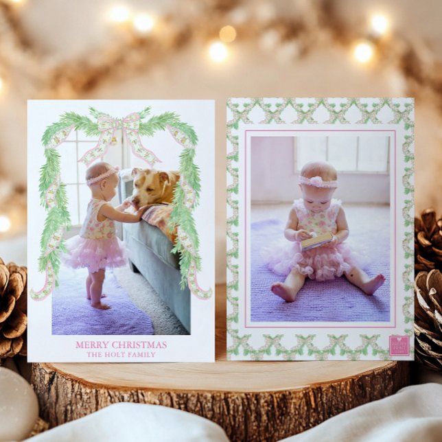 Watercolor Christmas Pink Green Bow Garland Photo Holiday Card (Creator Uploaded)