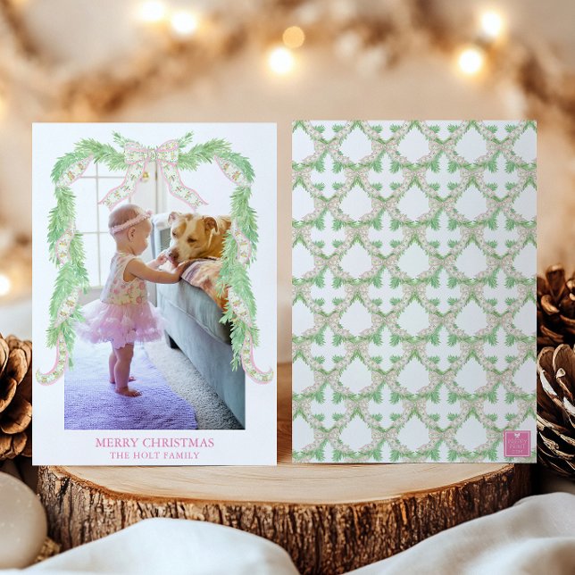 Watercolor Christmas Pink Green Bow Garland Photo Holiday Card (Creator Uploaded)