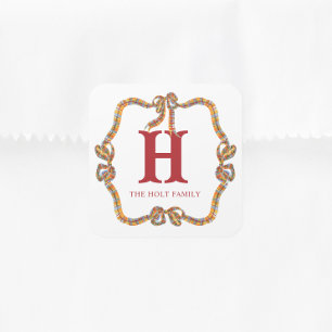 Watercolor Christmas Plaid Bow Garland Gift Square Sticker