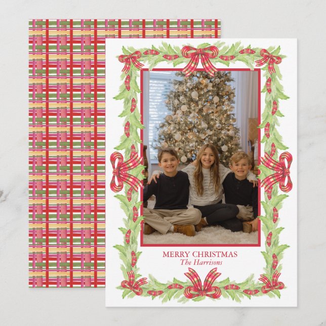 Watercolor Christmas Plaid Bow Garland Holiday Card (Front/Back)