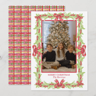 Watercolor Christmas Plaid Bow Garland Holiday Card
