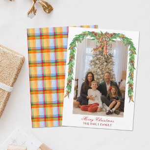 Watercolor Christmas Plaid Bow Garland Photo Holiday Card