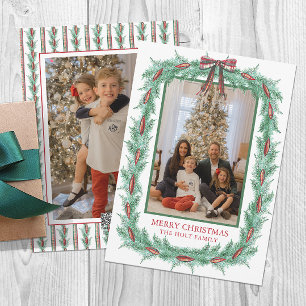 Watercolor Christmas Plaid Bow Garland Photo Holiday Card