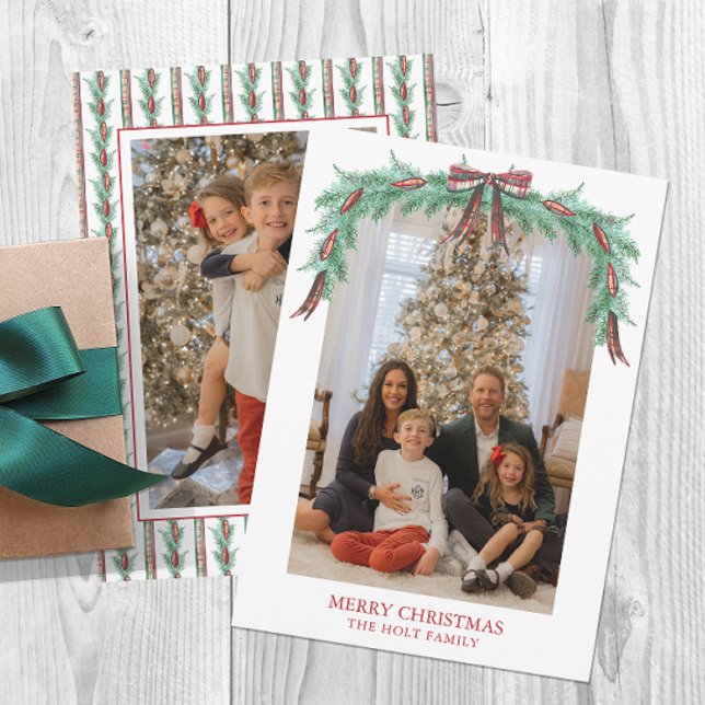 Watercolor Christmas Plaid Bow Garland Photo Holiday Card (Creator Uploaded)