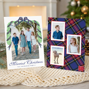 Watercolor Christmas Plaid Bow Garland Swag Photo Holiday Card