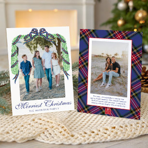 Watercolor Christmas Plaid Bow Garland Swag Photo Holiday Card