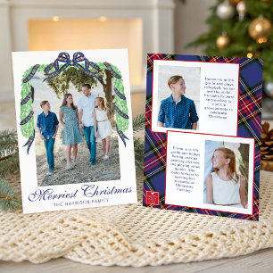 Watercolor Christmas Plaid Bow Garland Swag Photo Holiday Card