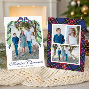 Watercolor Christmas Plaid Bow Garland Swag Photo Holiday Card