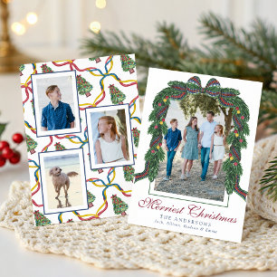Watercolor Christmas Plaid Bow Garland Swag Photo Holiday Card