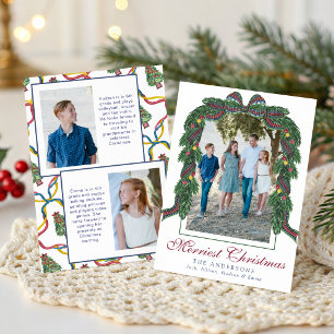 Watercolor Christmas Plaid Bow Garland Swag Photo Holiday Card
