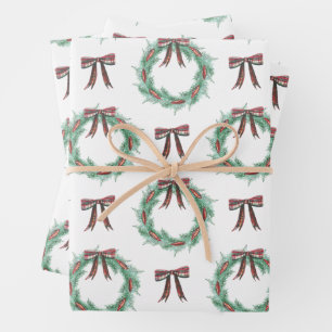 Watercolor Christmas Plaid Bow Garland Wrapping Paper Sheet