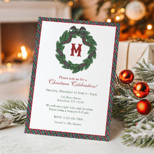 Watercolor Christmas Plaid Bow Monogram Wreath Invitation