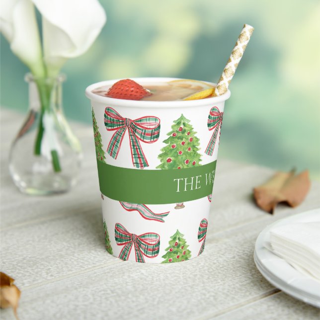 Watercolor Christmas Plaid Bow & Topiary Paper Cups (Insitu)