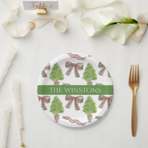 Watercolor Christmas Plaid Bow & Topiary Paper Plate