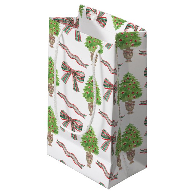 Watercolor Christmas Plaid Bow & Topiary Small Gift Bag (Front Angled)