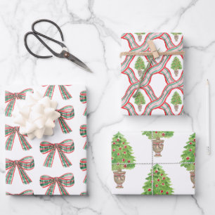 Watercolor Christmas Plaid Bow & Topiary Wrapping Paper Sheet