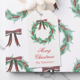 Watercolor Christmas Plaid Bow Wreath Gift Tags