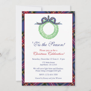 Watercolor Christmas Plaid Bow Wreath Party Invitation