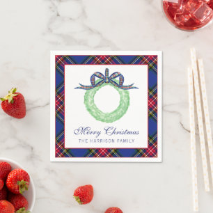 Watercolor Christmas Plaid Bow Wreath Personalised Napkin