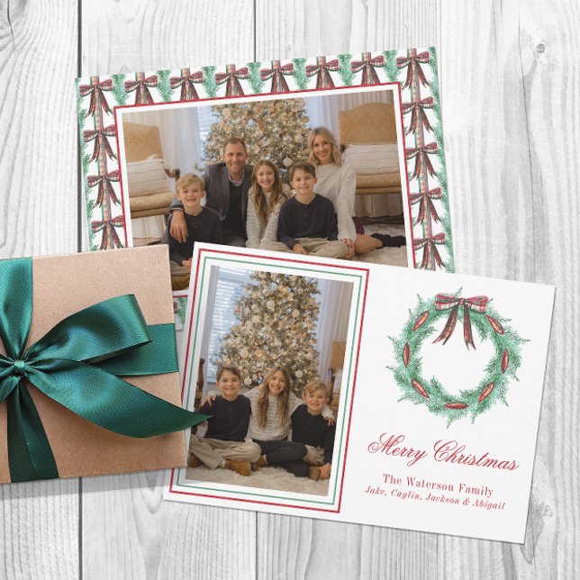 Watercolor Christmas Plaid Bow Wreath Photo Holiday Card (Creator Uploaded)