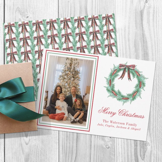 Watercolor Christmas Plaid Bow Wreath Photo Holiday Card (Creator Uploaded)