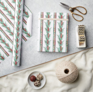 Watercolor Christmas Plaid Ribbon Garland Wrapping Paper