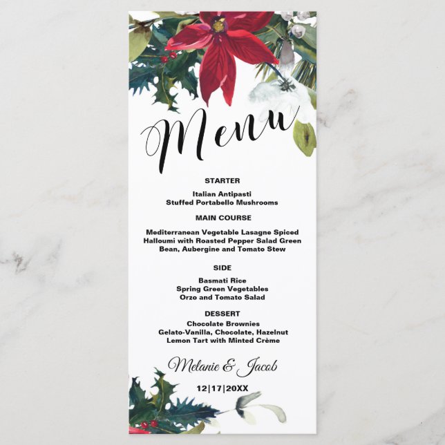 Watercolor Christmas Poinsettia 4x9 Menu Card (Front)