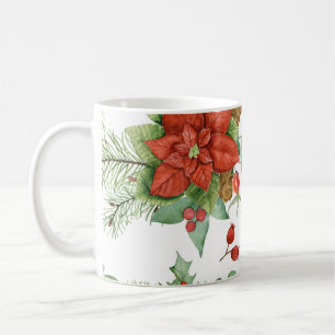 Watercolor Christmas Poinsettia and Red Cardinal Coffee Mug
