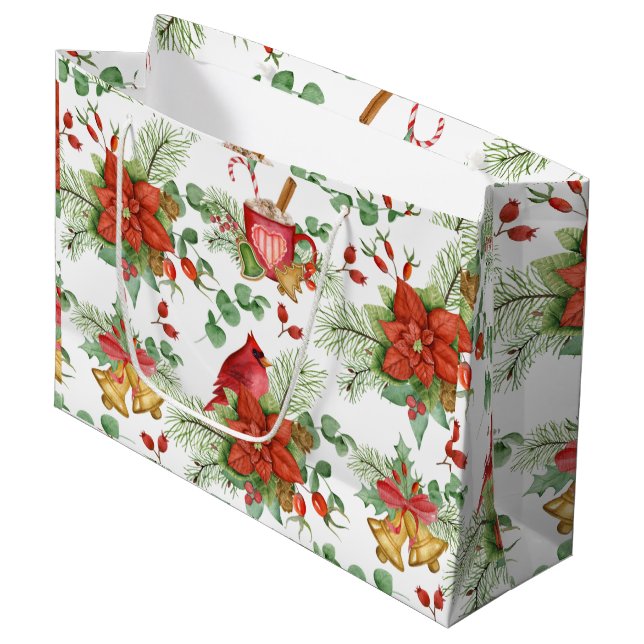 Watercolor Christmas Poinsettia and Red Cardinal  Large Gift Bag (Front Angled)