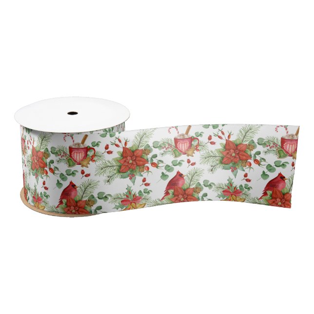 Watercolor Christmas Poinsettia and Red Cardinal Satin Ribbon (Spool)
