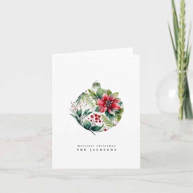 Watercolor Christmas Poinsettia Bobble | Photo Holiday Card (Front)