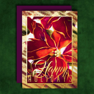 Watercolor Christmas Poinsettia Burgundy Plum Foil Holiday Card