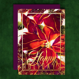 Watercolor Christmas Poinsettia Burgundy Plum Foil Holiday Card