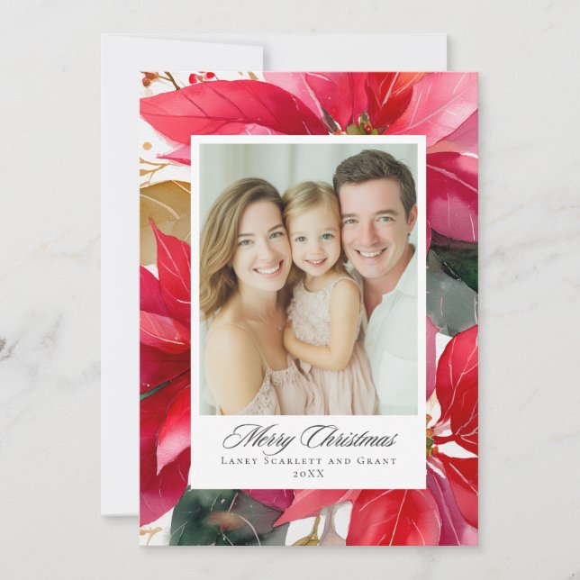 Watercolor Christmas Poinsettia Design Holiday Card (Front)