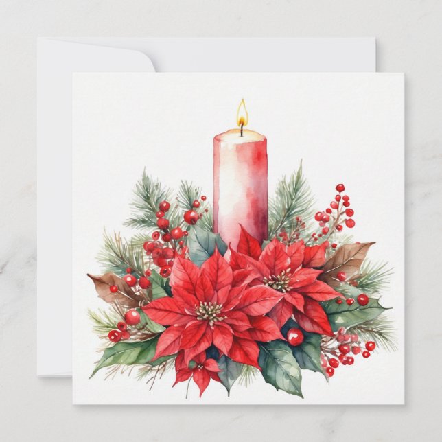 Watercolor Christmas Poinsettia Flowers, Berries Holiday Card (Front)