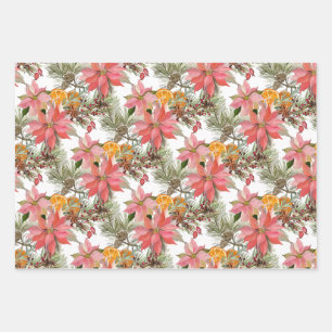 Watercolor Christmas Poinsettia Flowers & Orange  Wrapping Paper Sheet