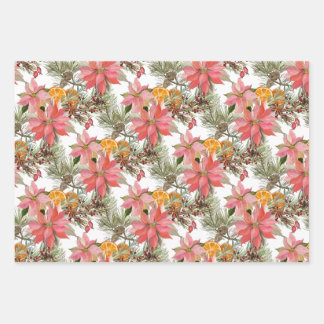 Watercolor Christmas Poinsettia Flowers & Orange  Wrapping Paper Sheet