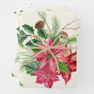 Watercolor Christmas Poinsettia Flowers   Wrapping Paper Sheet