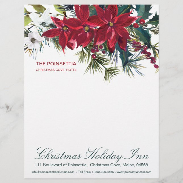 Watercolor Christmas Poinsettia & Holly, pine Custom Letterhead (Front)
