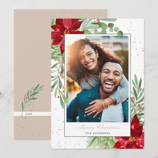 Watercolor Christmas Poinsettia Neutral Holiday (Front/Back)