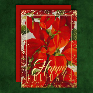 Watercolor Christmas Poinsettia Red Foil Holiday Card