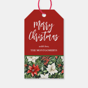 Watercolor Christmas Poinsettias and Berries Gift Tags