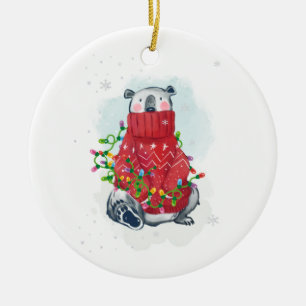 Watercolor Christmas Polar Bear in Sweater Ceramic Tree Decoration