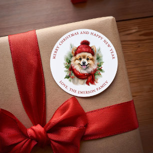 Watercolor Christmas Pomeranian Dog  Classic Round Sticker