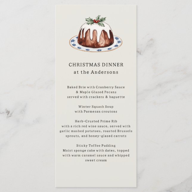 Watercolor Christmas Pudding Festive Dinner Menu (Front)
