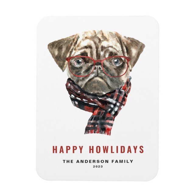 Watercolor Christmas Pug Happy Howlidays Magnet (Vertical)